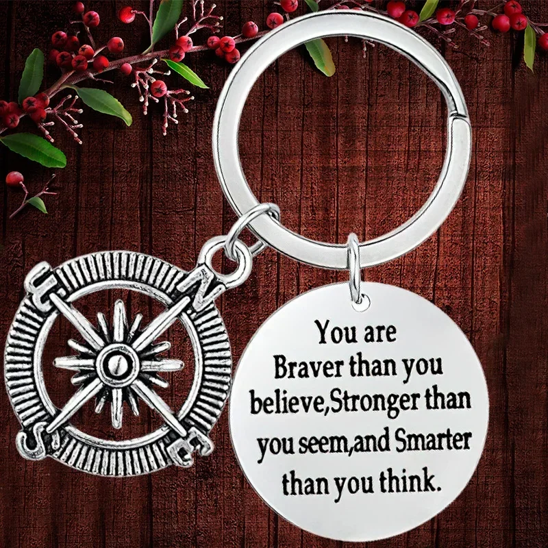 Charm Compass Inspirational Gift Keychain Pendant You Are Braver Than You Believe Key Chain Good Friend Daughter Son Sister Gift