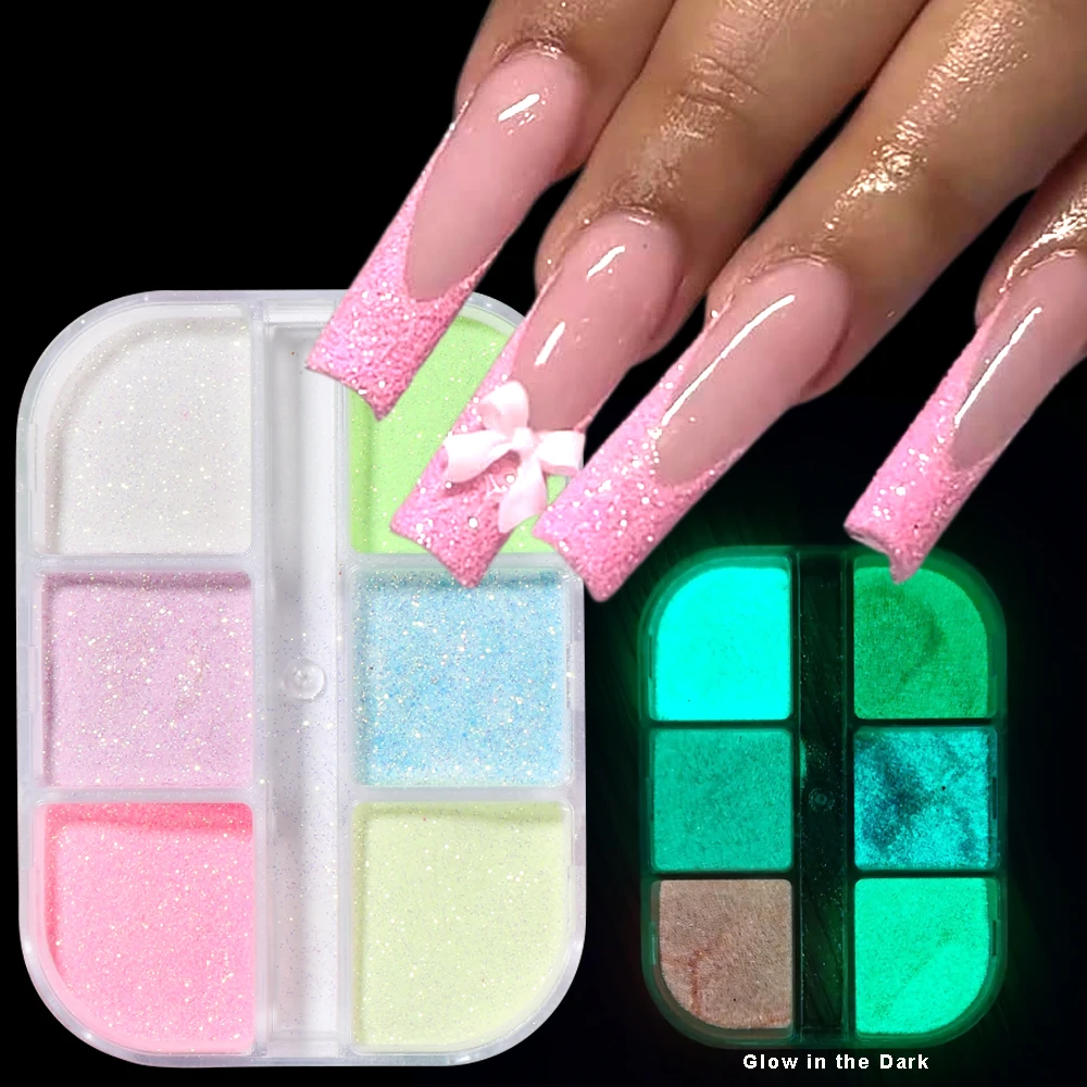 Holografisches, glitzerndes, feines Zucker-Nagelglitzerpulver mit 6 Gittern, glänzendes, im Dunkeln leuchtendes Bonbonpulver-Pigment für die Maniküre-Dekoration