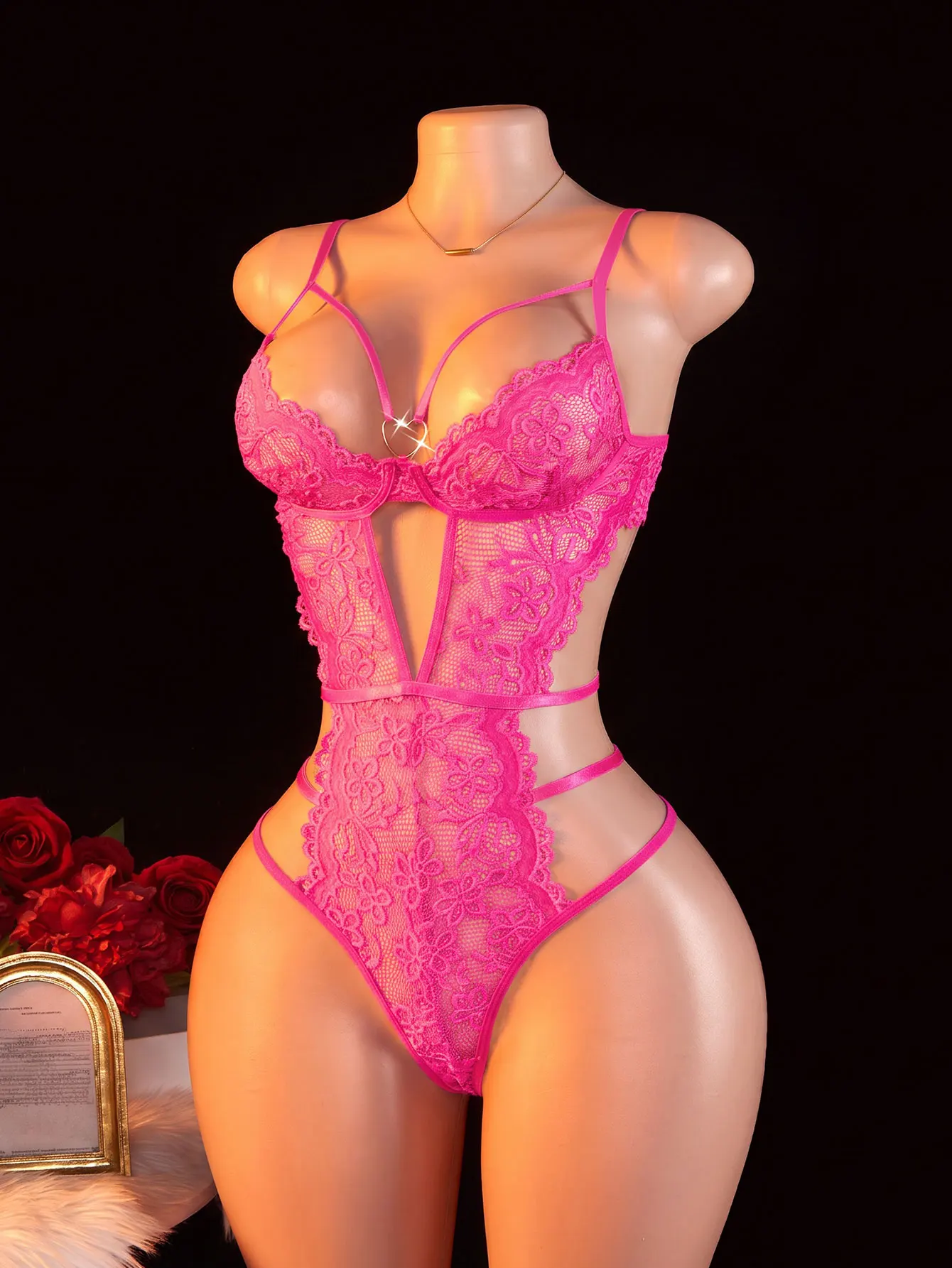 One-piece Hollow Transparent Lace Sexy Lingerie Erotic Crotchless Bodysuit