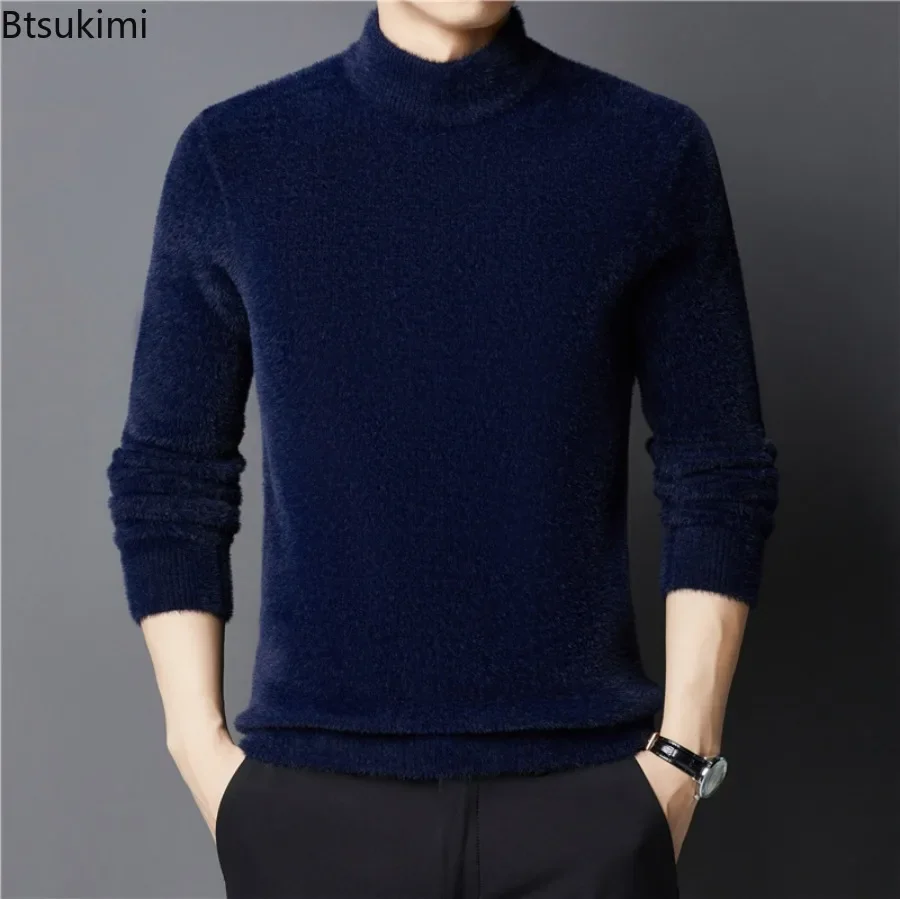 New 2024 Men's Warm Thick Woolen Sweater Tops Solid Plush Sweater for Winter Men's Thick Plush Bottom Sweater Slim Fit Pullovers