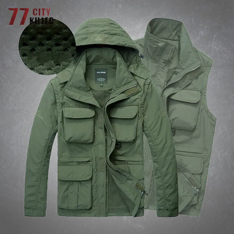 Men\'s Tactical Jackets Quick Dry 2-in-1 Tops Outdoor Breathable Waterproof Multi Pockets Hooded Windbreaker Military Coats Male