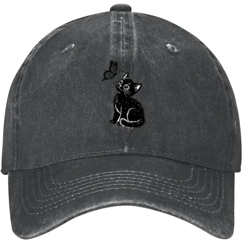 Adult Unisex Hat Made of Washed Featuring a Black Kitten And Butterfly Design, Perfect for Casual Wear