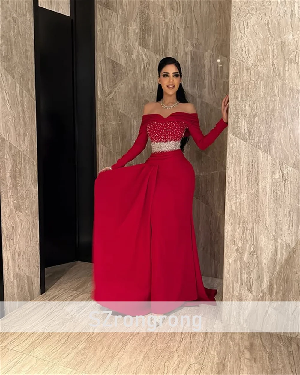 샤론 사우디 뉴 스타일 여성용 새틴 이브닝 드레스 긴팔 크리스탈 시스 백리스 롱 프롬 가운 스윕 코트 맞춤 제작