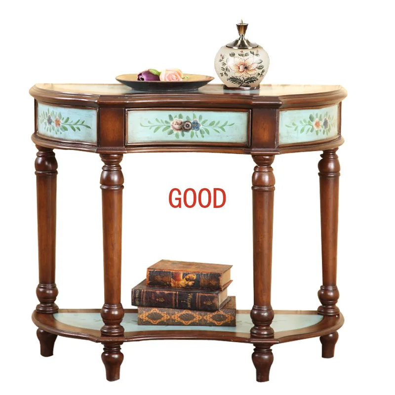 Hall Console Tables Retro Painted Pastoral Curio Cabinet Blue Half round Table