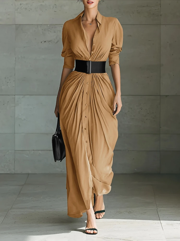 Lange jurk vrouwen shirt jurken hoge taille riem vestidos y2k streetwear kraagvorm elegante splice party night werk herfst