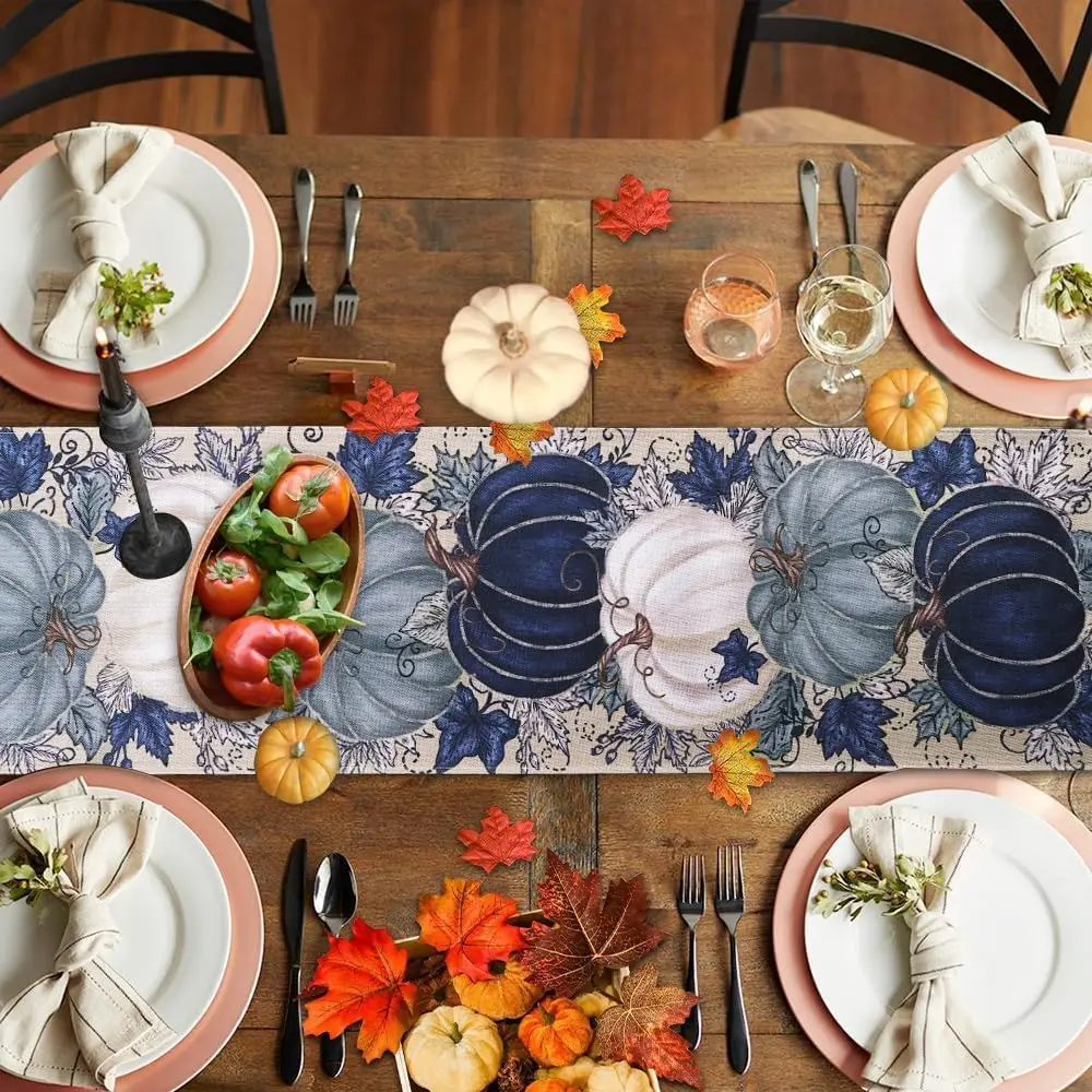 Fall Thanksgiving Table Runner, Blue Vintage Pumpkin Maple Leaf Autumn Harvest Farmhouse Kitchen Dining Indoor Home Party Decor