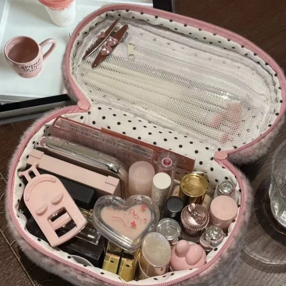 Portable Pink Leopard Print Makeup Bag Large Capacity Zipper Plush Toiletry Organizer Smooth Material Top Handle Storage Pouch