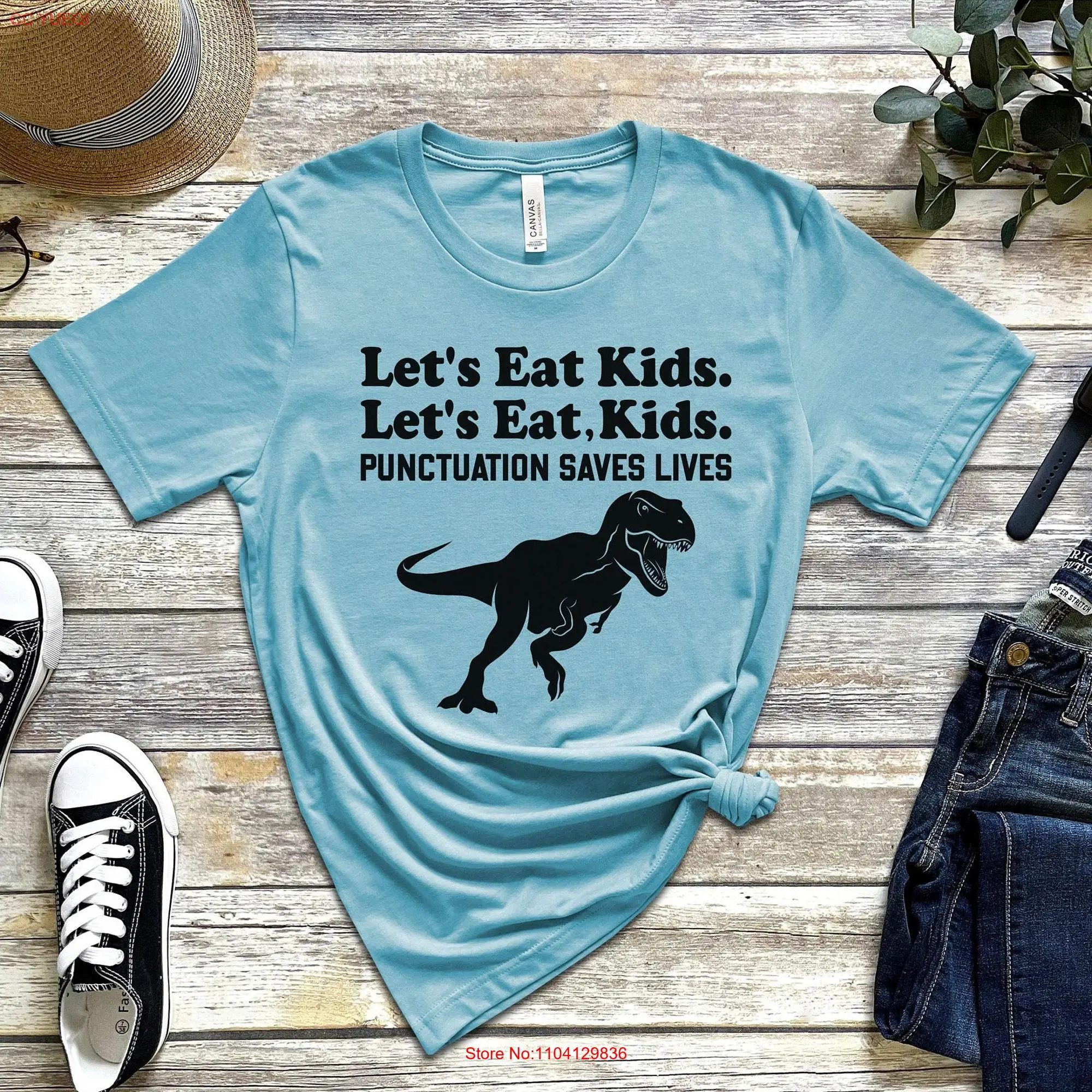 Funny Grammar T Shirt Punctuation Let's Eat Kids English Teacher Saves Lives Commas Save long or short sleeves