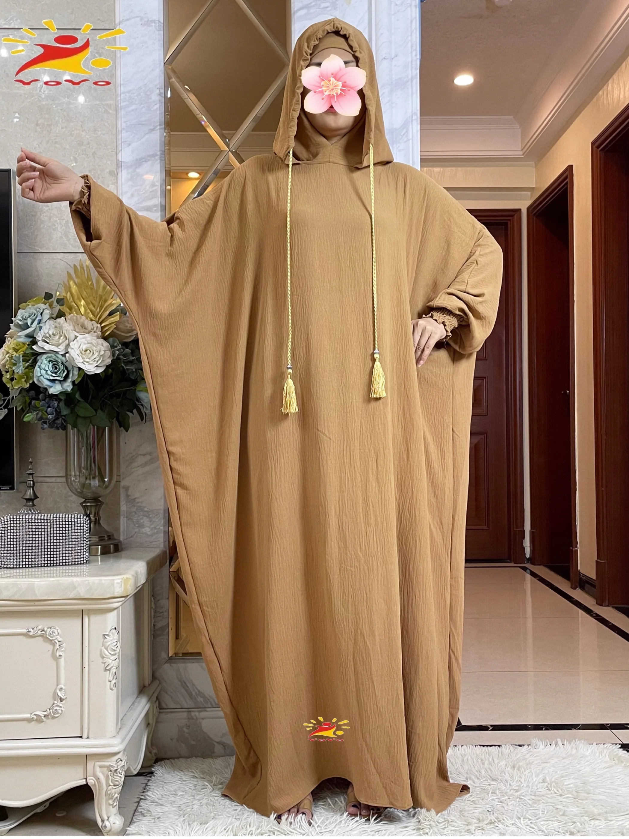 New Ramadan Muslim Two Hats Abaya Dubai Turkey Islam Prayer Clothes Ice Silk Zou Fabric Dress Batwing Sleeve Women Dress Kaftan