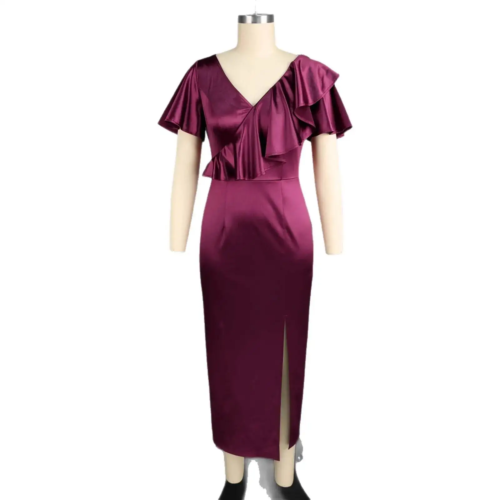 Women's Burgundy V-neck Plus-size Ruffle Dress, Slimming Slit Design, Elegant Party Bodycon Gown Summer Elegantes Casual Y2K