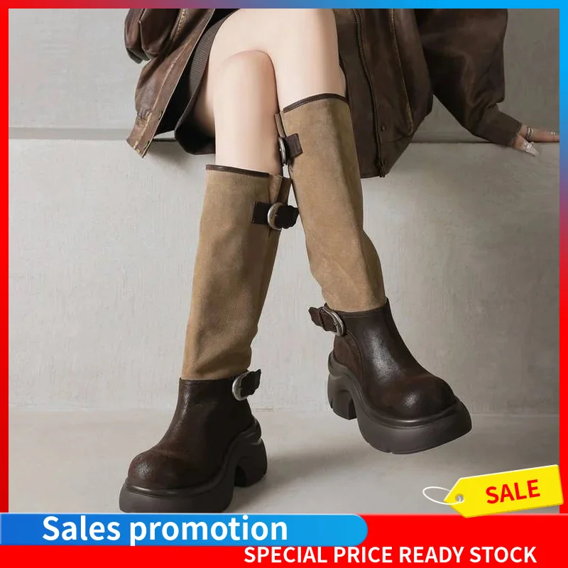 Suede slouch upper, dual metal buckle detail, chunky platform sole, retro western mid calf boots for cold season daily wear.F100