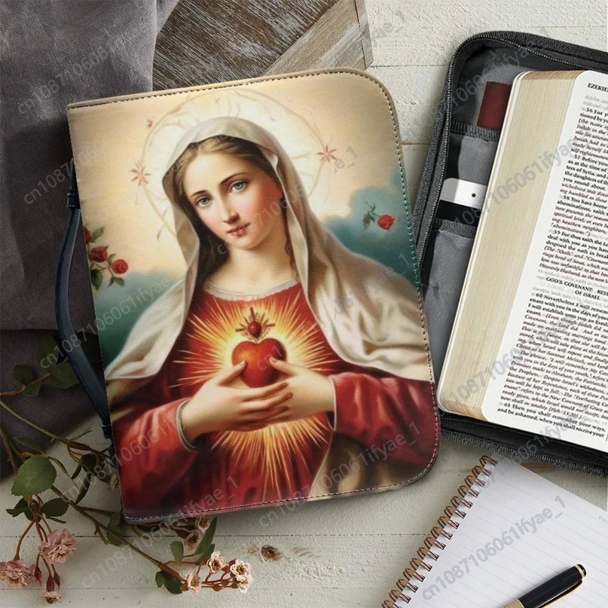 

Virgin Mary Pattern Print Bible Bag for Women PU Leather Zippered Handle Handbags Practical Bible Study Book Holy Storage Boxes