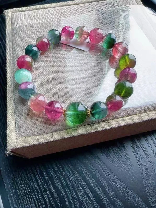 Natural Watermelon Tourmaline Clear Round Beads Bracelet 10.5mm Brazil Green Red Tourmaline Women Men AAAAAAA