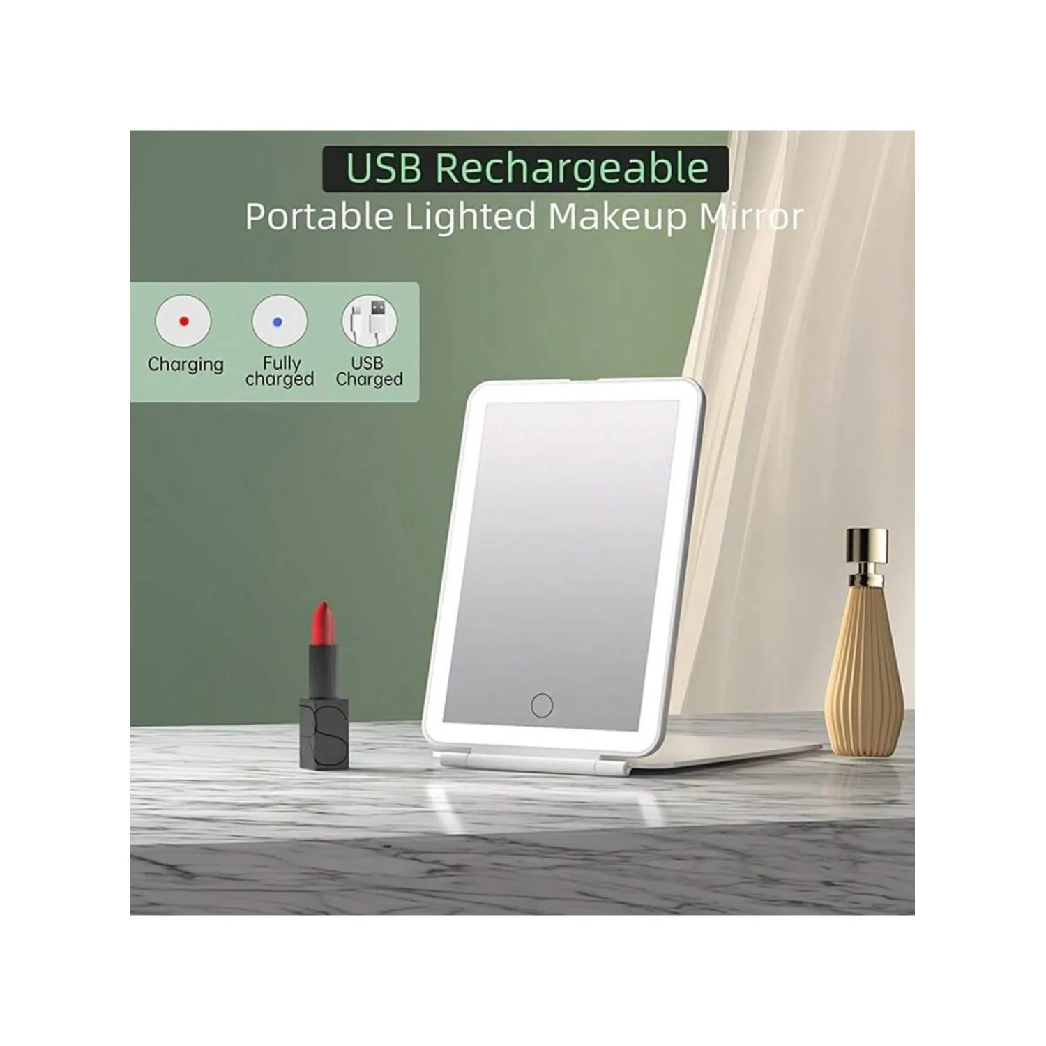 Specchio per trucco da viaggio a LED con ricarica USB con 3 colori di illuminazione, superficie lucida, portatile pieghevole per tavolo da trucco, ricaricabile