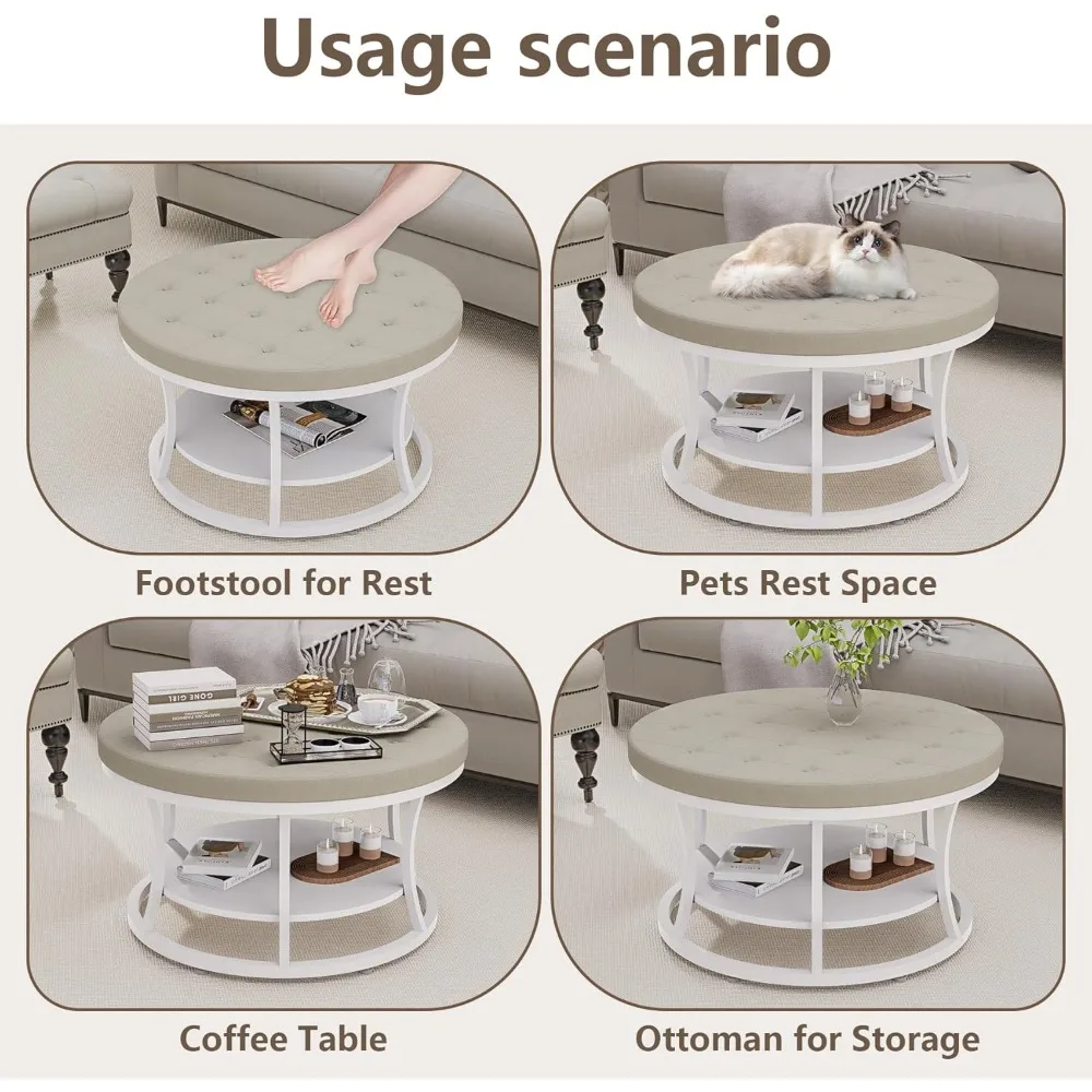 Large Round Storage Ottoman with Upholstered Button Tufted Linen Fabric and Metal Frame