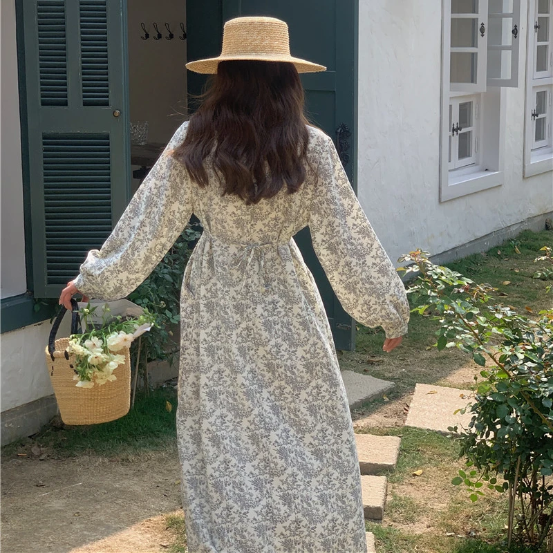 Spring Summer 2024 V Neck Floral Dress for Women Vintage Elegant Lace Up Slim Waist Vetidos Mujer Korean Chic Sweet Loose Robes