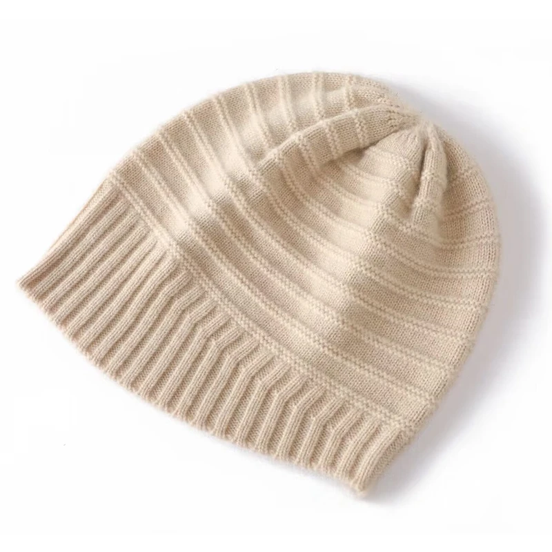 New Winter 100% Cashmere Knitted Headgears Women Keep Warm Beanie Hat High Quality Solid Casual Hedging Cap Lady Pullover Cap