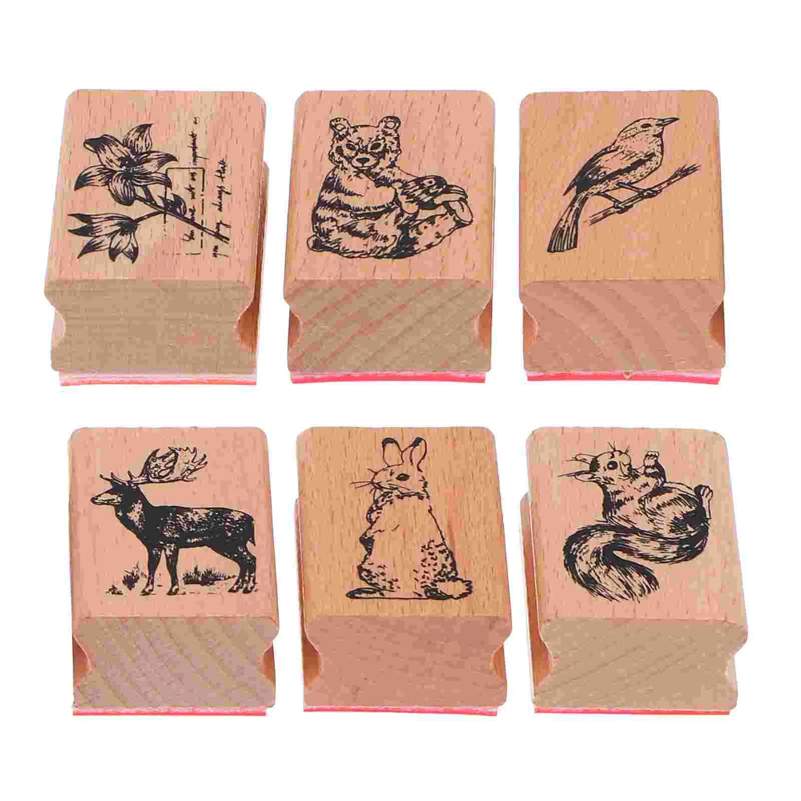 6 Pcs Planner Stamp Animal Flower Seal Decor Craft Cute Crafting Wood DIY Scrapbook