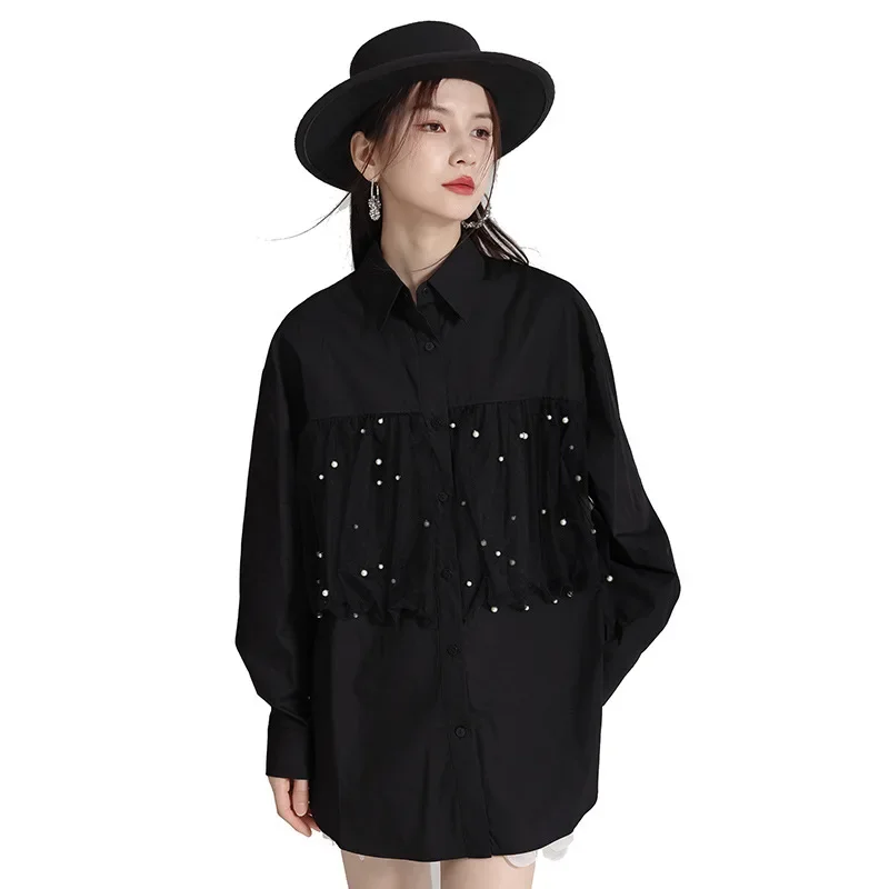 

SuperAen Niche Design Heavy Industry Mesh Nail Bead Long Sleeved Shirt 2024 Autumn New Loose Shirt