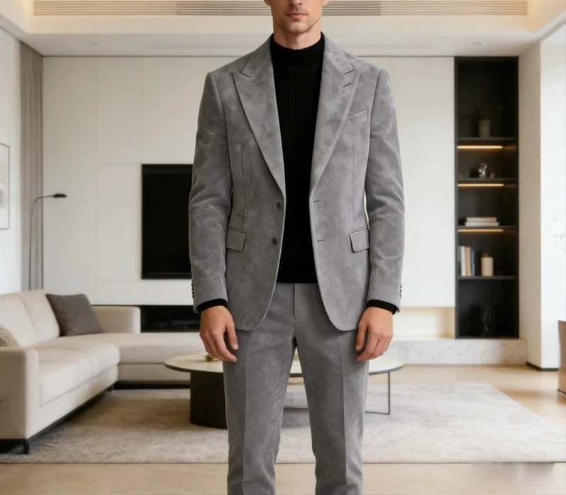 

Vintage Men's Suede Tuxedo Suit Slim Fit 2-Piece Set Peak Lapel Formal Blazer with Trousers Sport Coat for Party Business