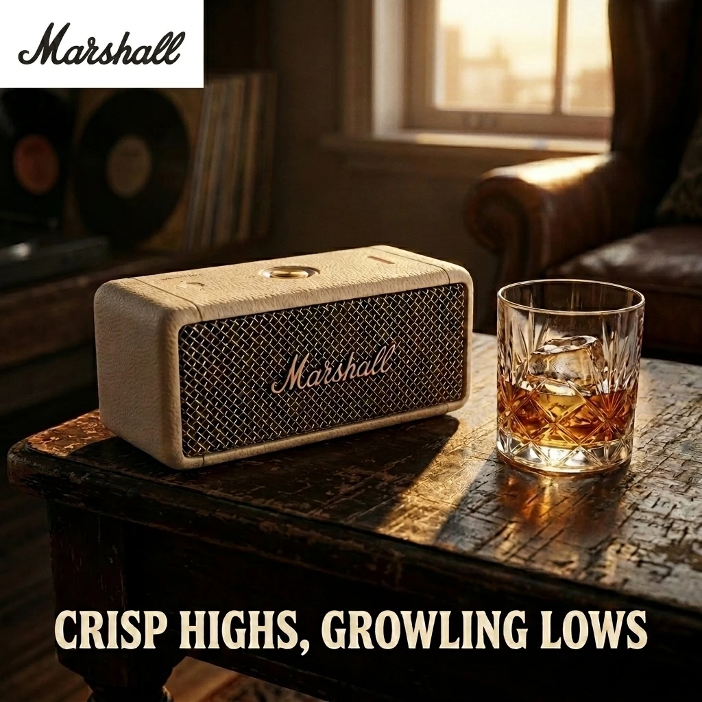 Caixa de Som Bluetooth Vintage Marshall Emberton III, Alto-falante Estéreo Sem Fio em Couro Retro, Dispositivo de Áudio com Grave Potente para Decoração de Mesa