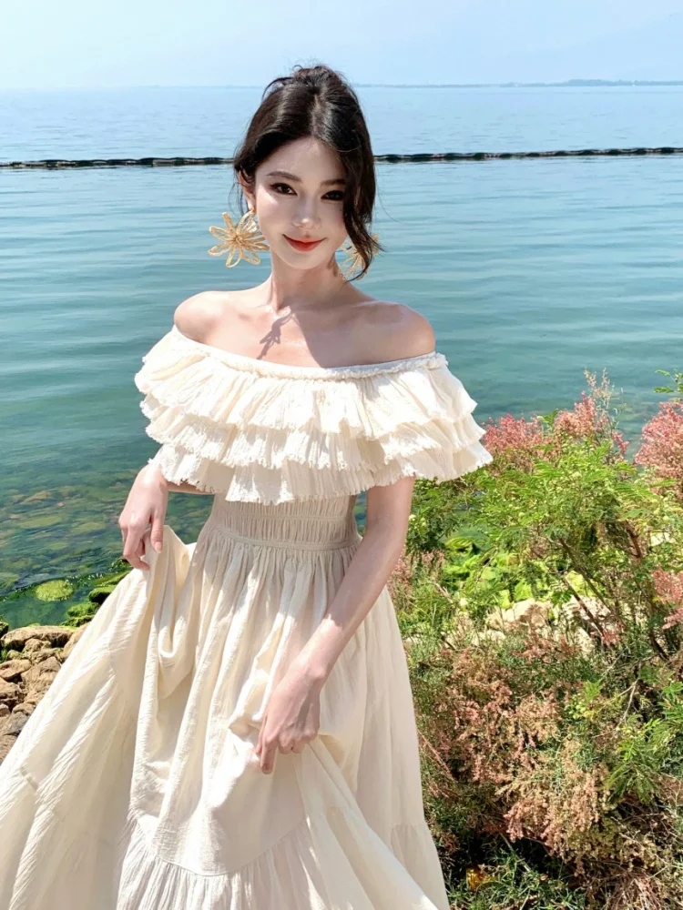 SMTHMA High-End Pure Cotton French Style Long Dresses Women's Soft Design  Ruffle Sexy Slash Neck Party Dresses - AliExpress 200000345