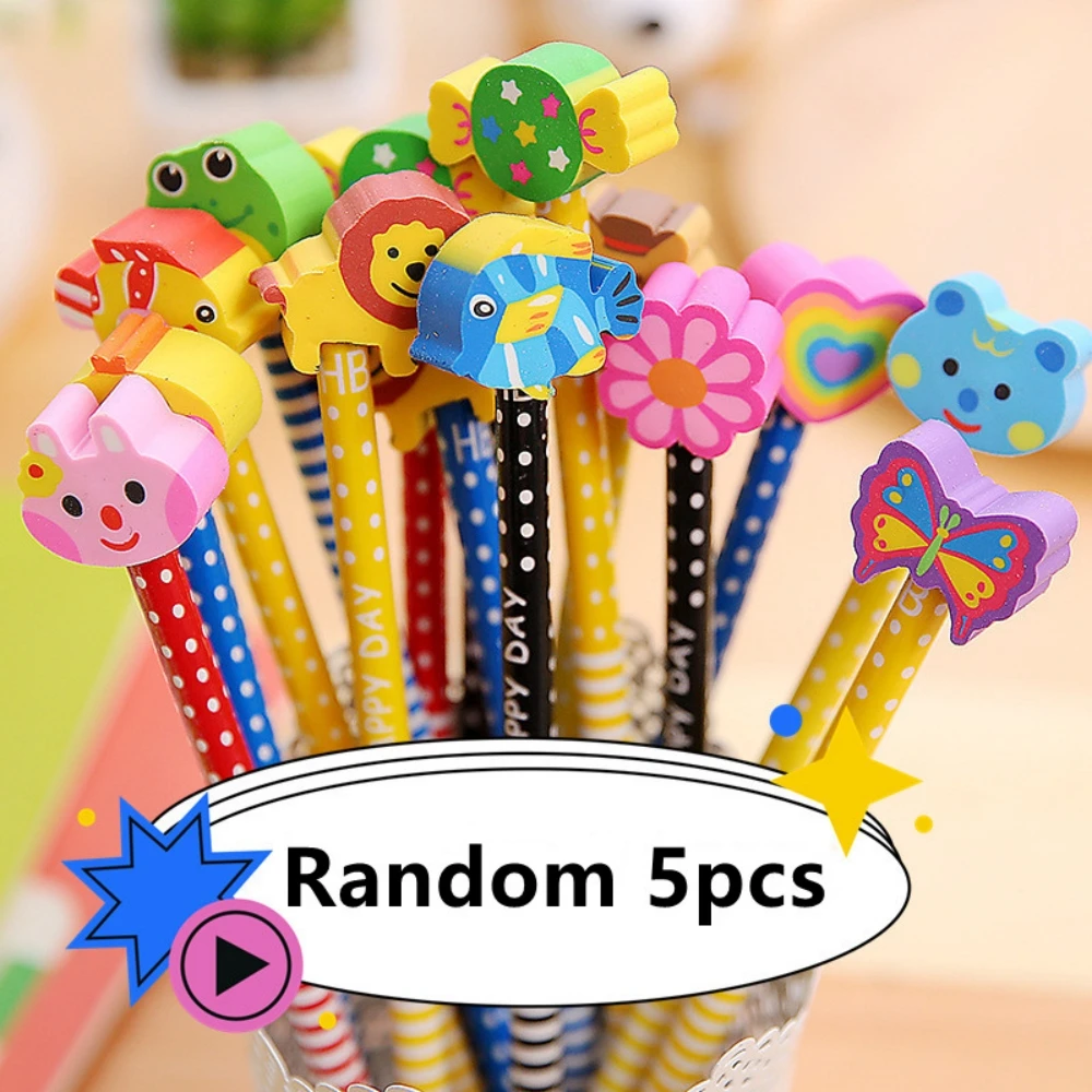 5 random Cartoon animals HB pencil Student writing pen cute pencil With eraser kids pen gifts Wooden pen girls School supplies