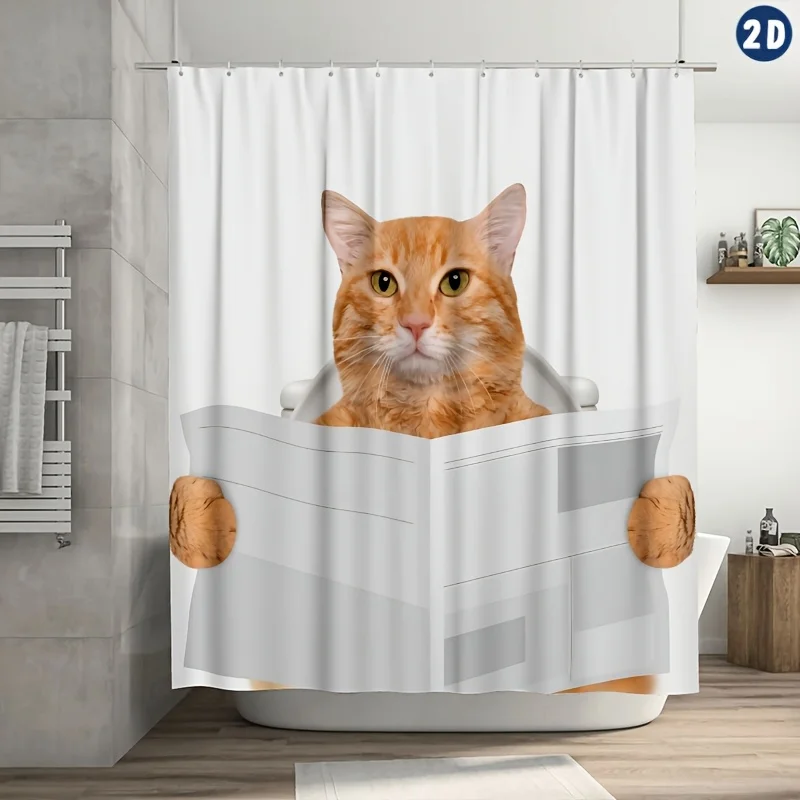 Cute Orange Cat Peeking From Newspaper Shower Curtain Bathroom Decor Funny Pet Shower Curtain for Kids Adults