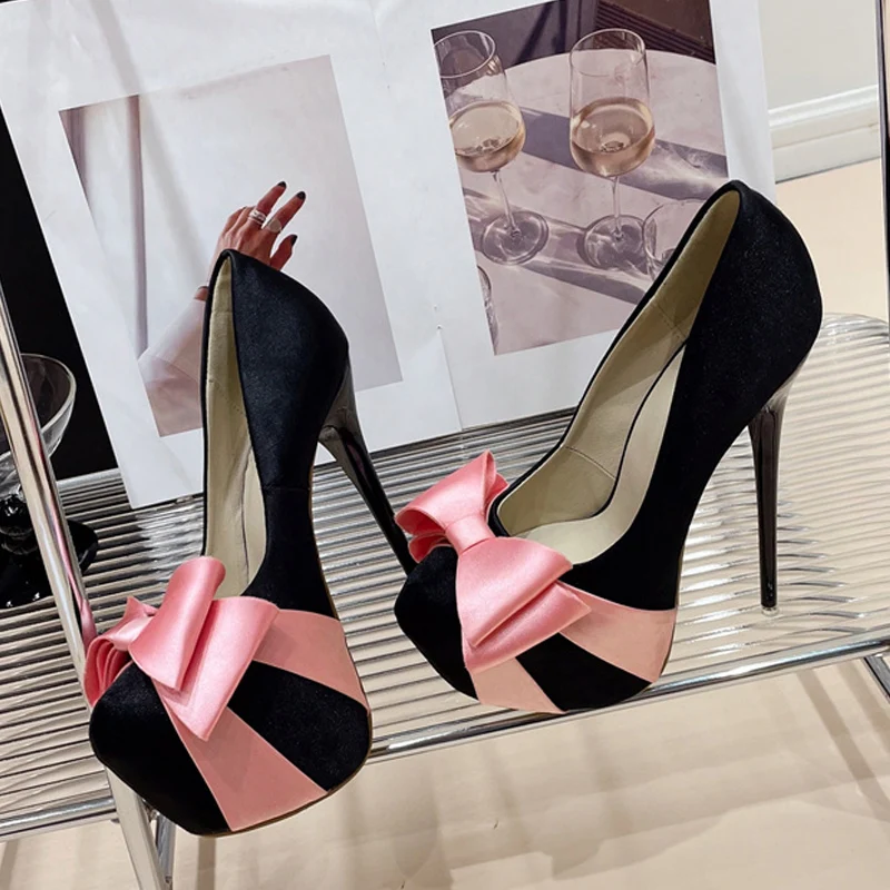 Liyke Fashion Design Bowknot Round Toe Platform Pumps Women Wedding Banquet Shoes Sexy Stripper Pole Dance tacchi alti nero rosa