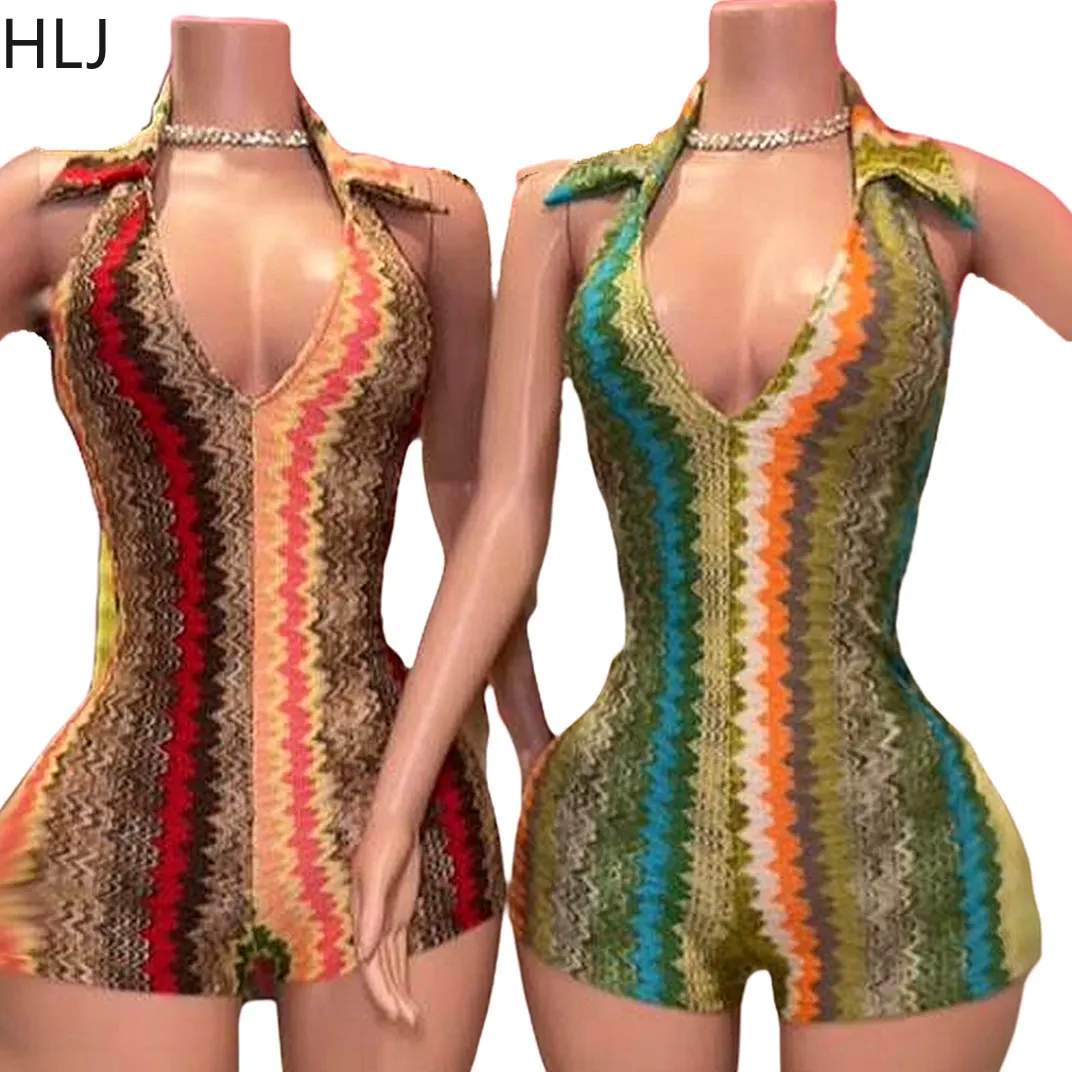 HLJ Sexy Stripe Printing Halter Bodycon Rompers Women Backless Sleeveless Slim One Pieces Jumpsuits Female INS Trend Overalls