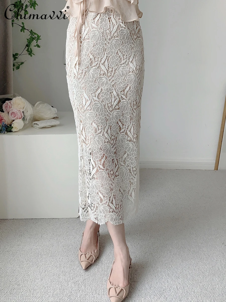 French Elegant Gentle Hollow Out Water-Soluble Lace Casual All-Match High Waist Slim Fit Sheath Long Skirt for Women Summer 2024