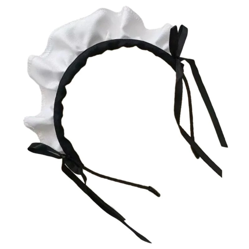 652F Ruffle Maid Headband Bowknot Ruffled Hair Hoop Maid Hairband Maid Cosplay Costume Accessory For Women Halloween Cosplay