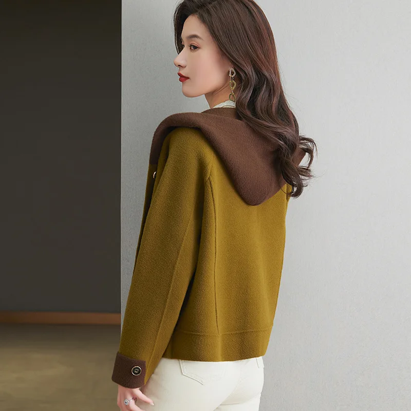 봄 가을 울 코트 여성용 2025 신상 숏 재킷 패션 후드 가디건 아우터 컬러 매칭 오버코트 여성 상의