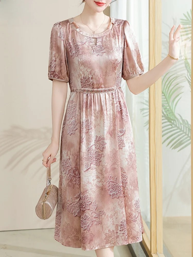 

Faionable Summer Dr for Middle-Aged Women Chiffon ort Sve Ele Skirt Loose Fit round Ne Polyester Fiber