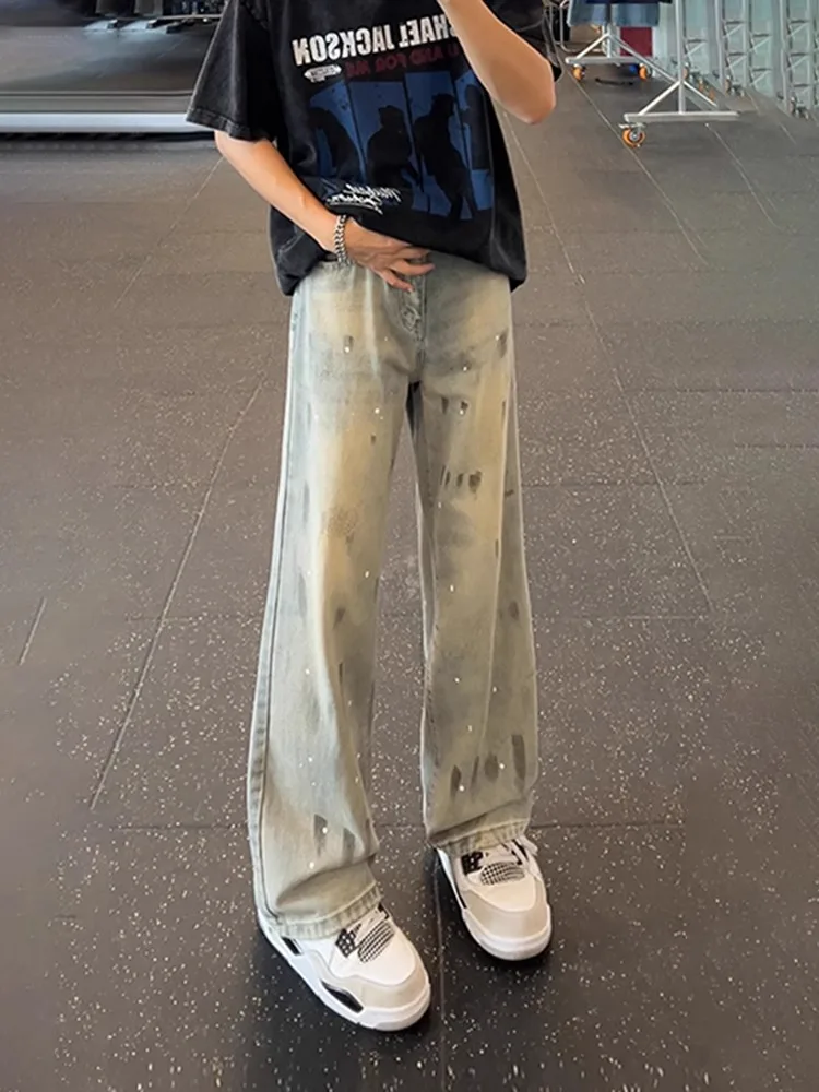 

Мужские летние тонкие прямые джинсы в стиле ретро в американском стиле High Street, модные брюки с окрашенным дизайном, повседневная одежда, повседневная мода