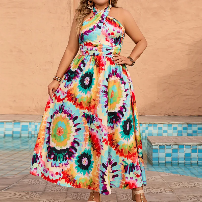 Women Plus Size Bohemian Beach Dress Tie Dye Summer Long Dress Thigh Tie Backless Halter Neck Maxi Dress Mixcolor Holiday Dress