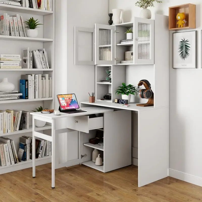Computer Desk with Glass Doors for Home Office, Multi-Functional Study Desk with Bookshelf & Hutch, 90-Degree Rotating