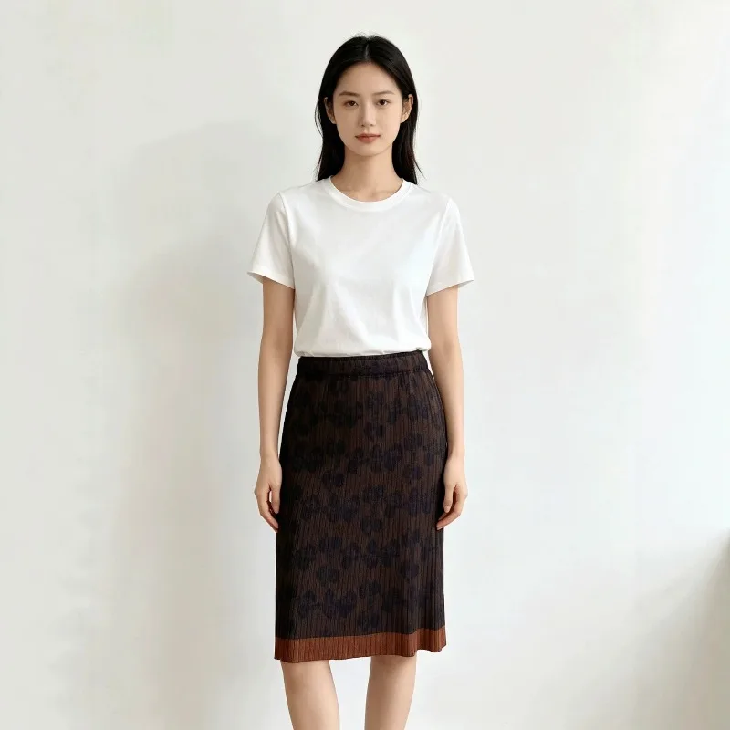 Miyake Pleated Leopard Print Skirt 2026 Summer New Vintage High Waist Loose Straight Length Jupe Slim Draped Print Design Skirt