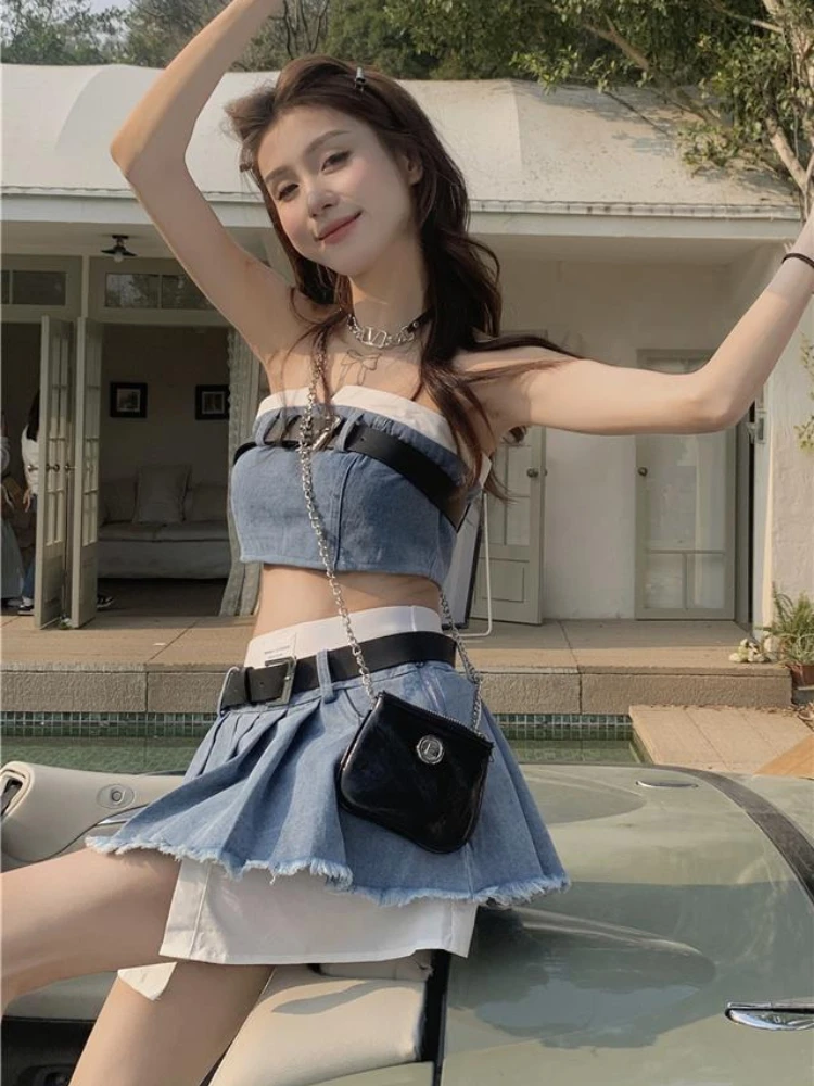 Streetwear Gyaru Matching Sets Tube Top Crop Tops High Waist Belt Pleated Patchwork Skirts Y2k 2000s Female Slim Two Piece Set