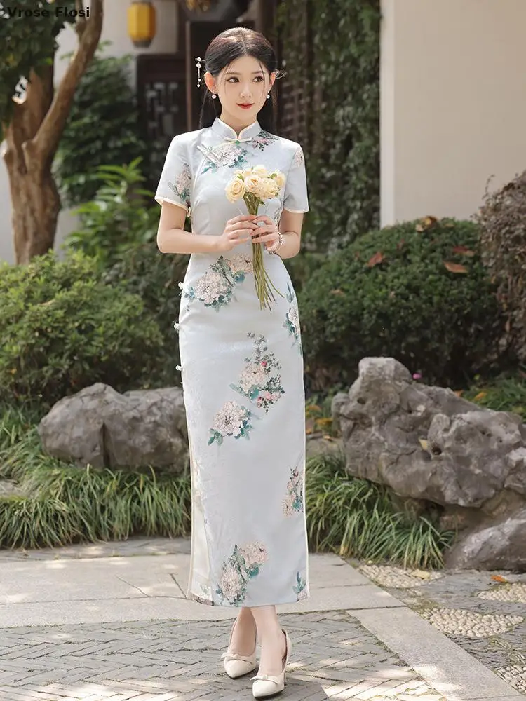 

2024 New Chinese Style Improved Cheongsam Summer Blue Elegant Short Sleeve Dress For Women Daily Party Dresses Qipao For Women