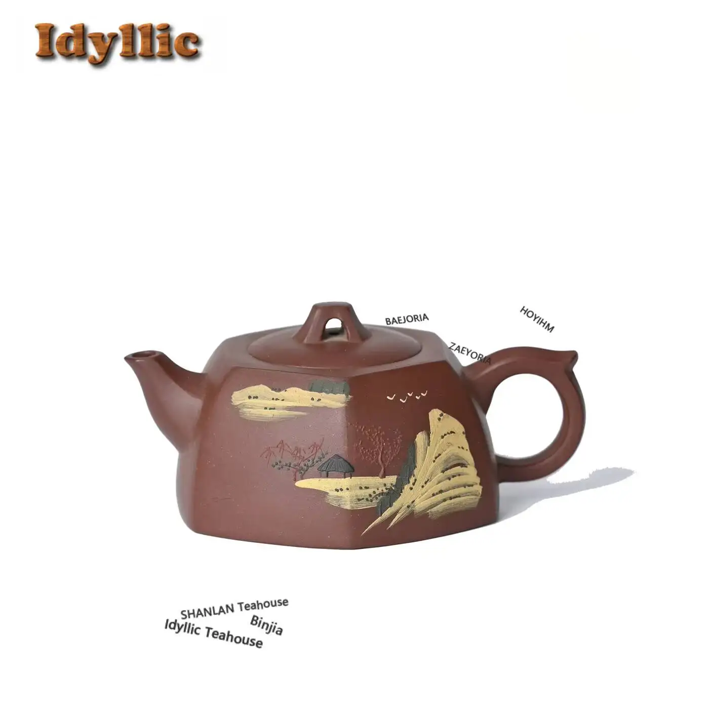 210ml Elegant Yixing Purple Clay Teapots Handmade Clay Painting Landscape Hexagonal Pot Raw Ore Mud Kettle Zisha Tea Set Cafes