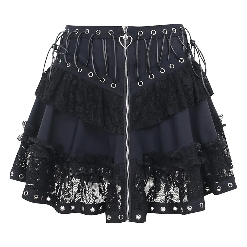 Women\'s Punk Vintage High Wasit Skirt Zipper Front Japanese Style Kawaii Black Harajuku Gothic Skater Cosplay Mini Skirts