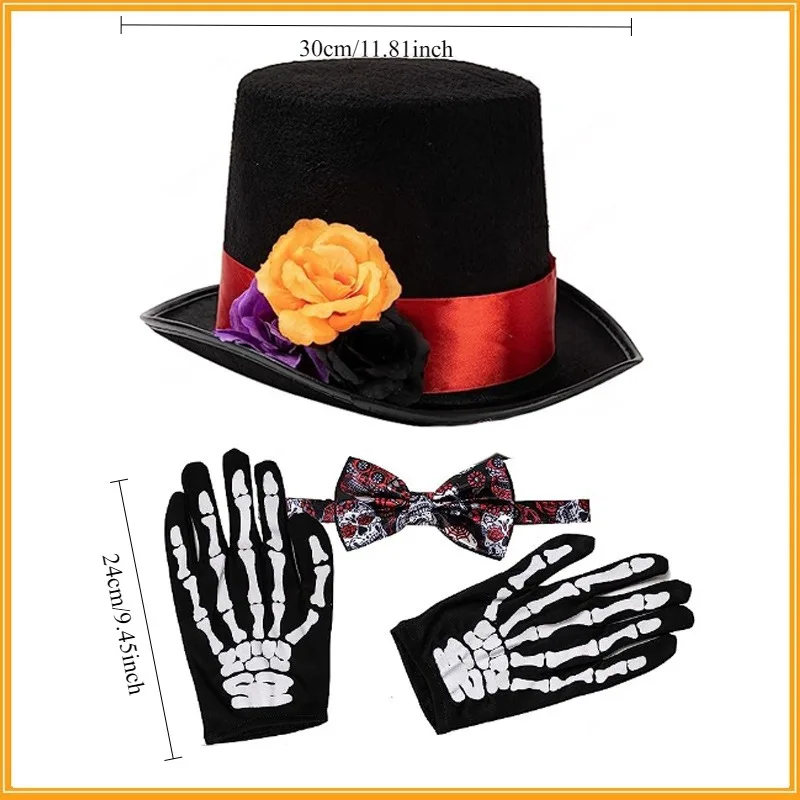 4pcs Halloween Skull Flower Hat Tie Gloves Socks Set Horror Costume Prop For Ghost Festival Party Cosplay Dress Up