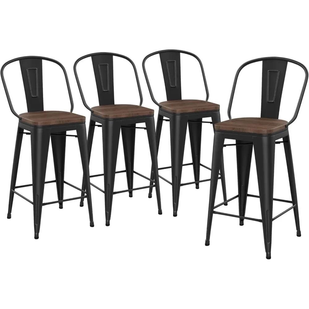 30 inch Metal Bar Stools Set of 4 Bar Height Stools Kitchen Island Barstools High Back Bar Chairs with Large Wooden Seat