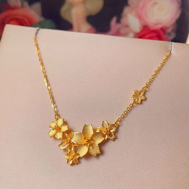 

Luxury 24K 9999 Pure Gold real gold Women's One-piece Chain Flower Necklace Sansheng III Clavicle Chain