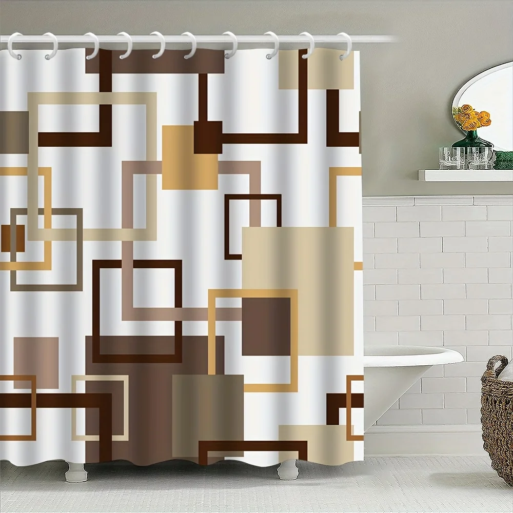 1pcs Simple Style Shower Curtain, Extra Large Brown Box Print Durable Shower Curtain, Bathroom Divider Curtain, Machine Washable