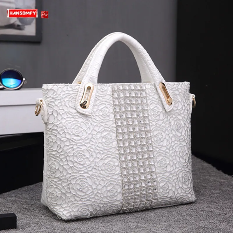 Luxury Fashion Diamonds Leather Women's Handbags Business Briefcase Lace New Female Shoulder Messenger Bags