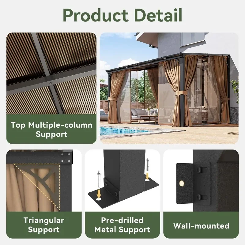 Aoxun 10'x12' Lean to Gazebo with Mosquito Net and Curtains, Aluminum Frame, Polycarbonate Panel, Wall Mounted Pergola