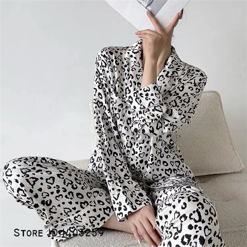 

Модные леопардовые пижамы, комплект из двух предметов, весенне-осенняя новая женская одежда для сна, брюки с длинными рукавами, пижамный костюм, свободная атласная домашняя одежда