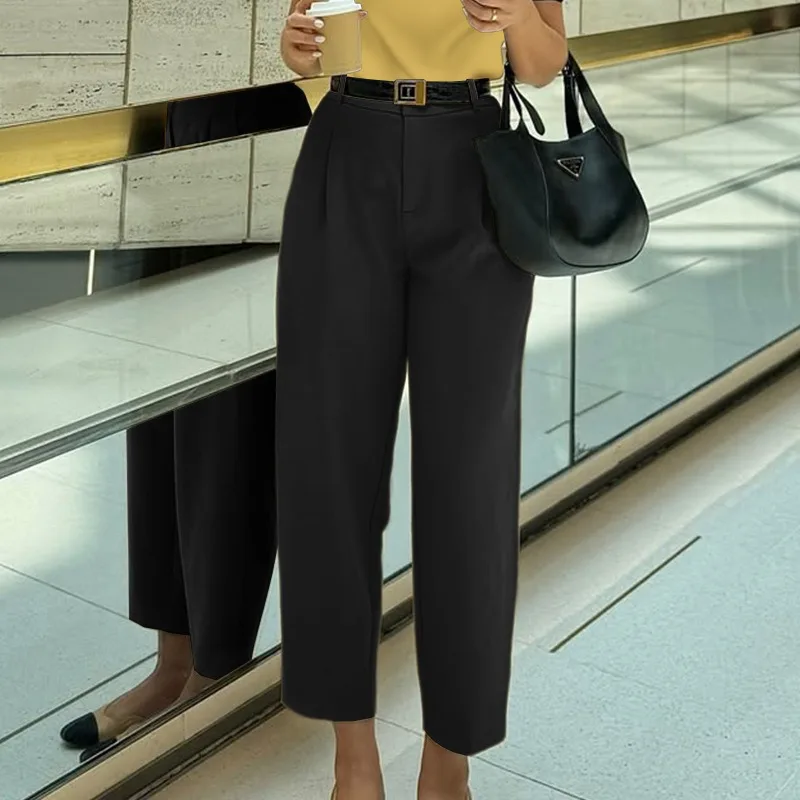 

Elegant Pants Women 2025 Summer Casual Fashion Solid Color Sashes Slim Straight Trousers Chic Business Retro Beltless Trousers